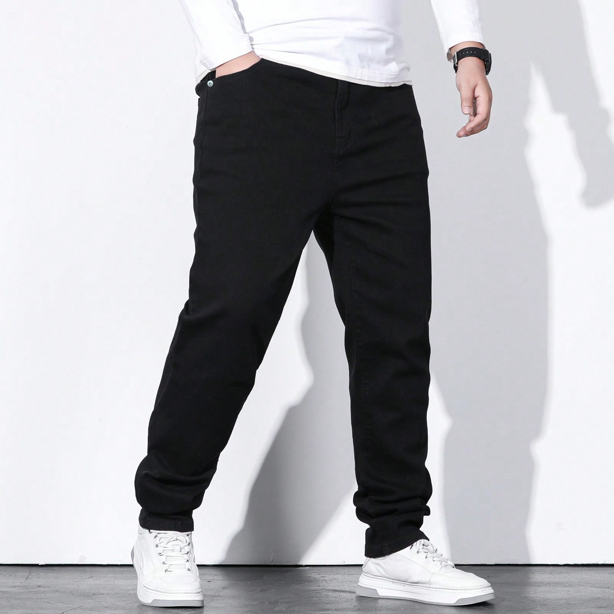Hombres Talla Plus Jeans sólidos de pierna derecha larga lavados en azul oscuro con bolsillos inclinados y de carga, básicos para trabajar, color ne