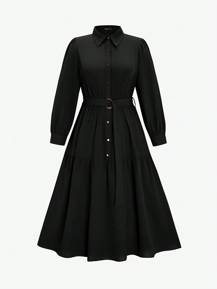 SHEIN Clasi Plus Solid Belted Shirt Dress - Black - View 1