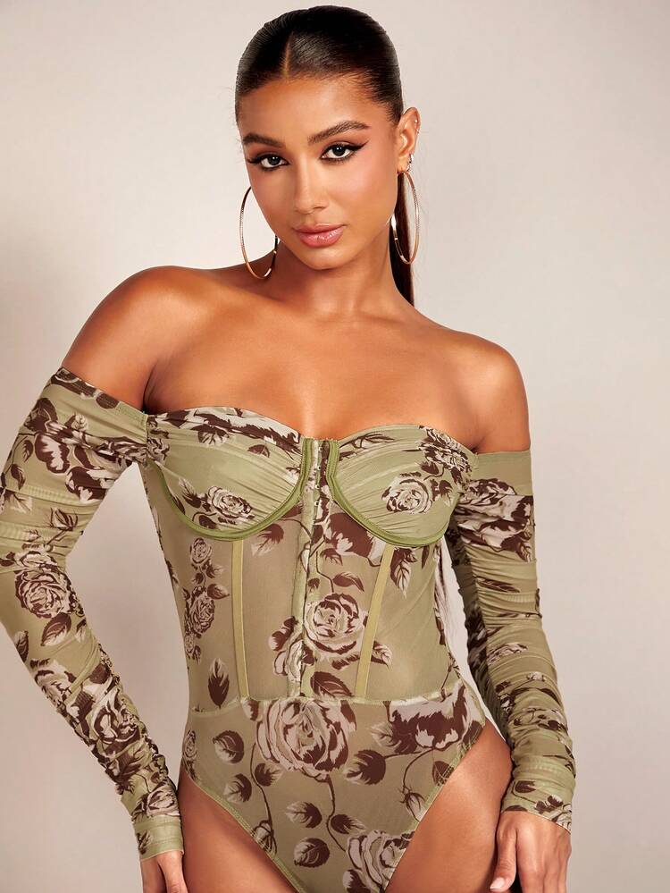 Floral Print Off Shoulder Bustier Mesh Bodysuit