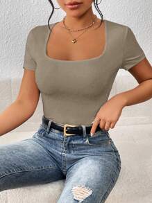 SHEIN Tall 素色大圓領連身背心 - 卡其色 - 查看 5