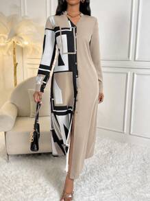 Lyxana Geo Print Button Front Shirt Dress Maxi Women Outfit Fall Cloth For Women