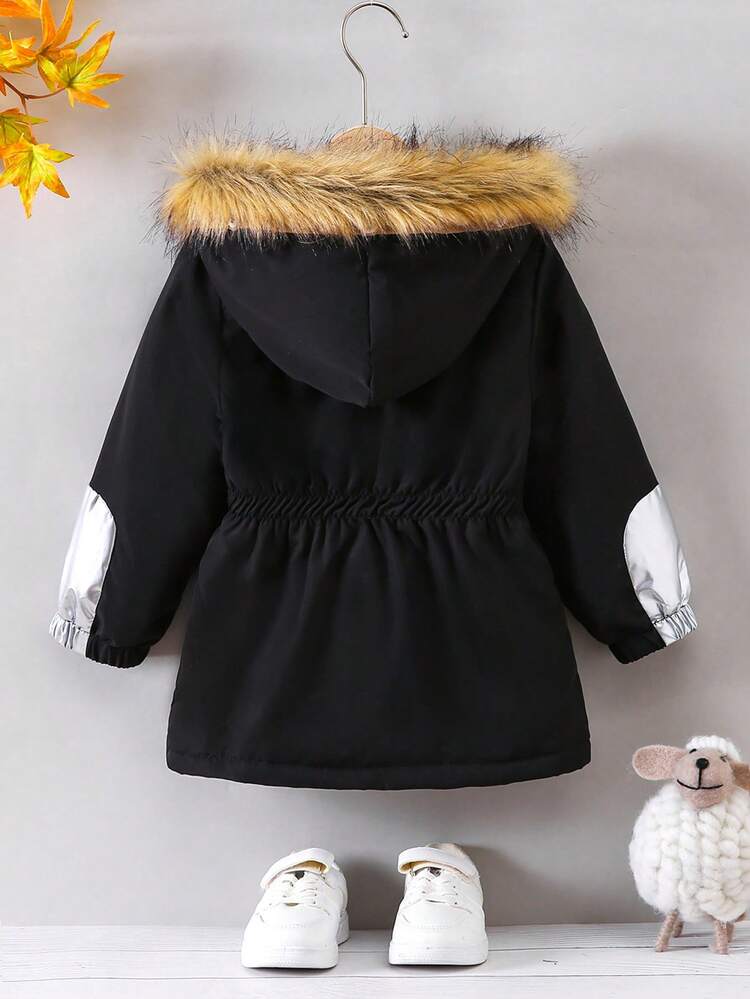Young Boy Letter Patched Fuzzy Trim Hooded Padded Coat