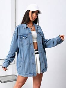 SHEIN EZwear 星星補丁貼落肩袖牛仔外套 - 中等水洗藍 - 查看 5