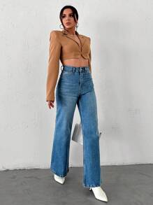 EURMUSE 100%Cotton Casual High Waist Wide Leg Jeans - Blue - View 5