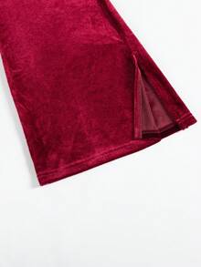 Split Hem Velvet Flare Leg Pants - Burgundy - View 6