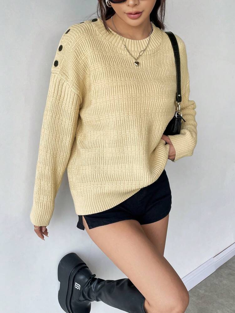 Button Detail Drop Shoulder Knit Pullover Fall Winter Sweater