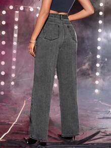 Star Pattern Straight Leg Jeans - Grey - View 2