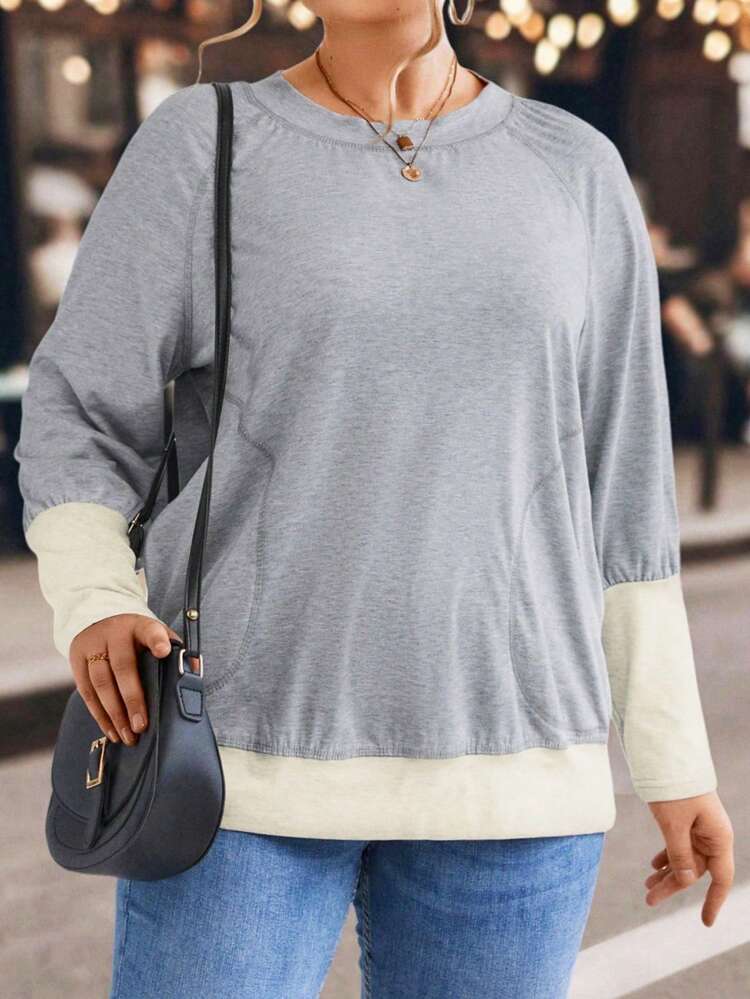 Plus Contrast Panel Raglan Sleeve Sweatshirt Pullover Fall Sweatshirt
