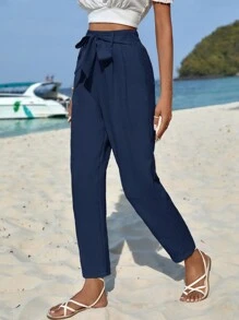 EURMUSE High Waist Belted Pants - Navy Blue - View 3