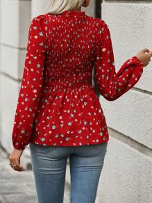 SHEIN Clasi 印花燈籠袖荷葉邊下擺襯衫 - 紅色 - 查看 2