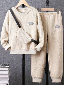 Tween Boy Letter Embossed Patched Detail Pullover & Sweatpants & Bag - Apricot - View 1