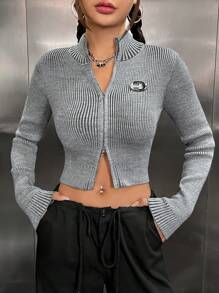 SHEIN EZwear Cárdigan Con Frente Abierto Y Cremallera Con Insignia Metálica Para Mujer