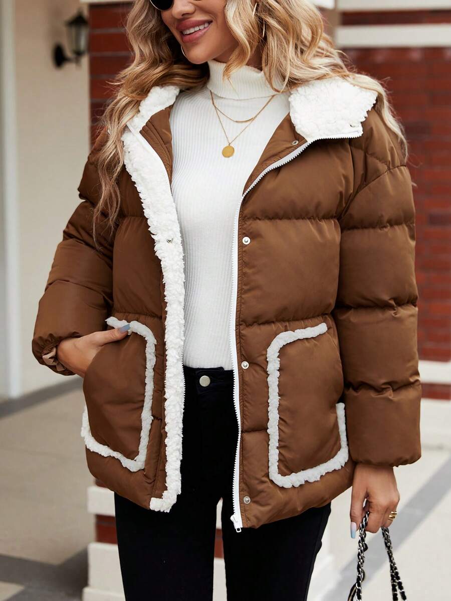 SHEIN LUNE 双口袋泰迪熊衬里连帽夹棉大衣