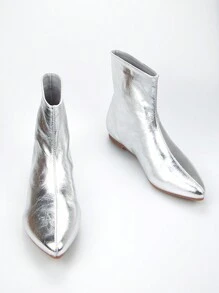 Women's Metallic Silver Flat Heel Ankle Boots - Silver - View 5