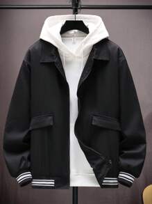 Manfinity Hypemode 寬鬆版型男士條紋飾邊外套,帶有袋蓋細節,下垂肩設計且無連帽 - 黑色 - 查看 3