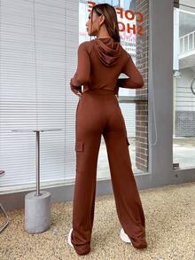 SHEIN Unity Solid Drawstring Hooded Bodysuit & Flap Pocket Side Pants - Hot Pink - View 2