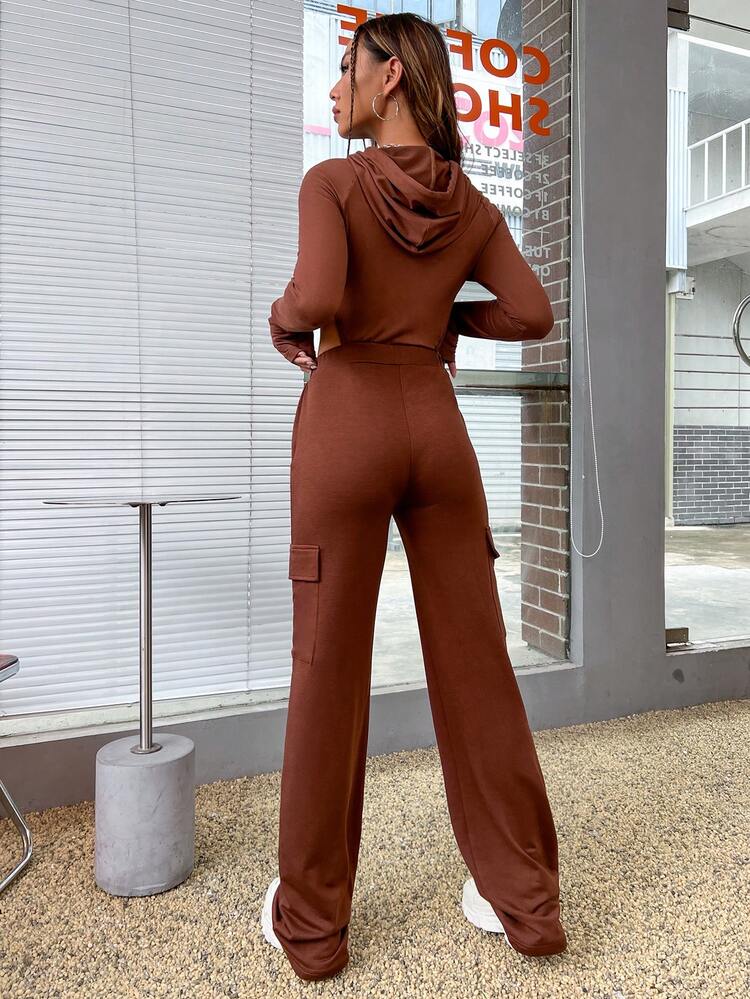 SHEIN Unity 素色抽繩連帽連體衣和側翻蓋口袋長褲 - 玫紅色 - 查看 2