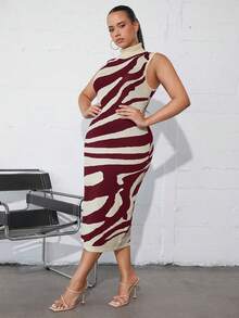 SHEIN SXY Plus Zebra Striped Pattern Turtleneck Sweater Dress - Burgundy - View 6