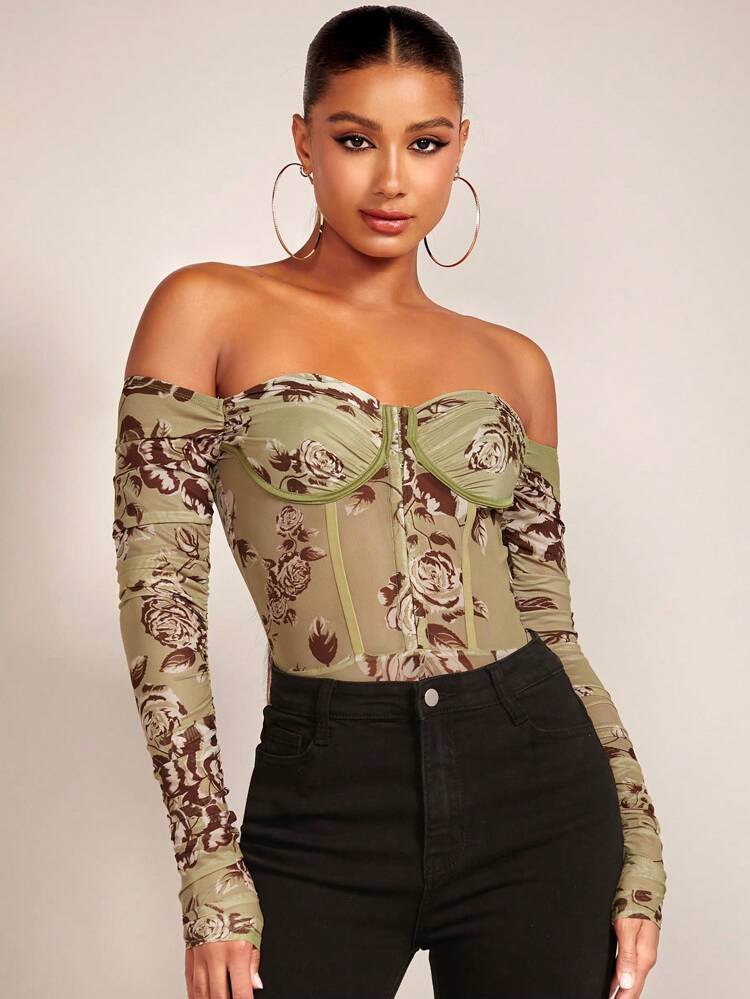 Floral Print Off Shoulder Bustier Mesh Bodysuit