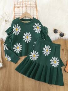 SHEIN 女大童花卉圖案荷葉邊套頭毛衣和荷葉擺半身裙 - 綠色 - 查看 1