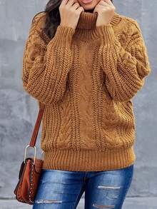 CILKOO Turtleneck Cable Knit Drop Shoulder Sweater - Yellow - View 4