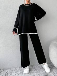 SHEIN Cottnline 2pcs Women Contrast Trim Long Sleeve Loose Knit Sweater Set - Black - View 3