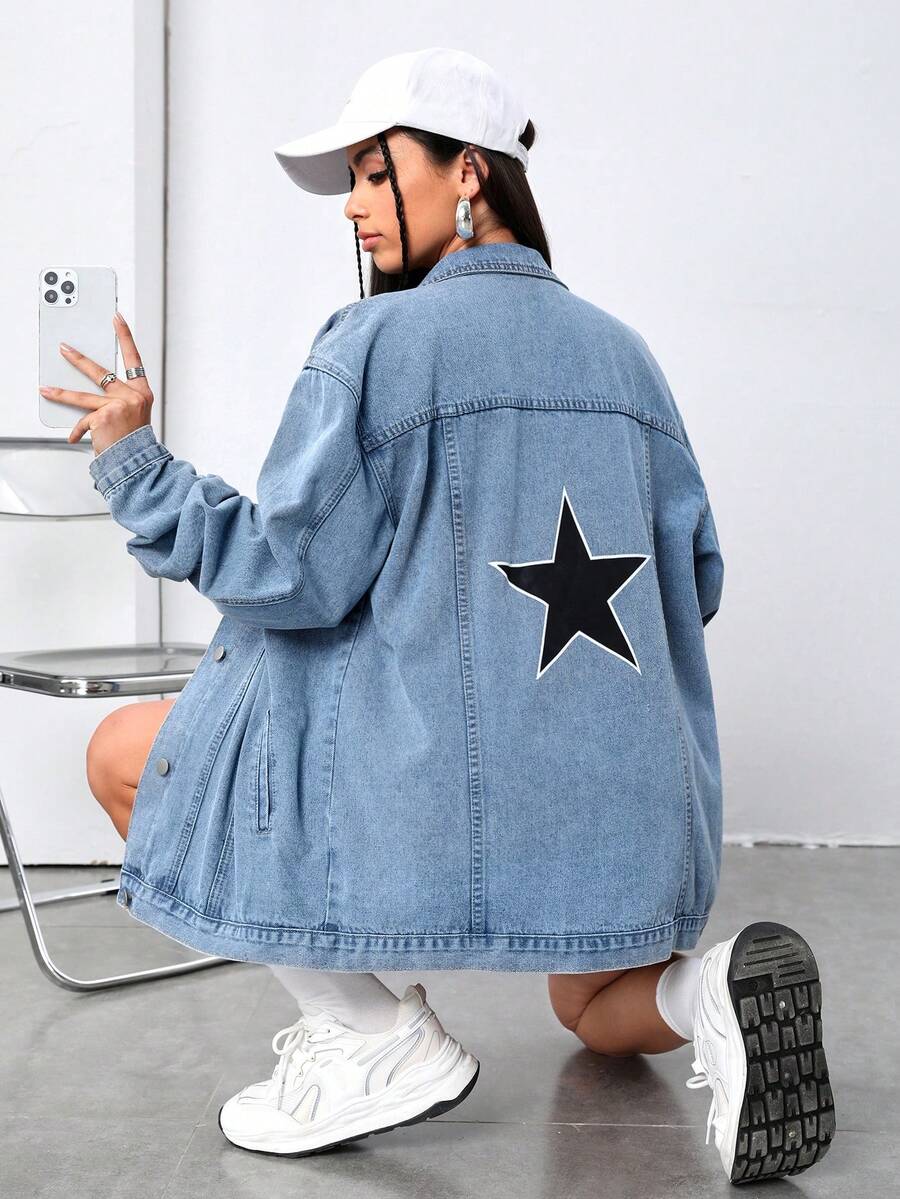 SHEIN EZwear 星星補丁貼落肩袖牛仔外套 - 中等水洗藍 - 查看 1