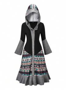 EMERY ROSE Talla grande Vestido con capucha con estampado geométrico bajo con fruncido - Multicolor - Ver 1