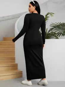 SHEIN EZwear Plus Solid Scoop Neck Bodycon Dress - Black - View 2