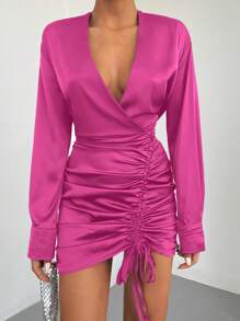 EURMUSE Surplice Neck Drawstring Front Ruched Dress - Pink - View 4