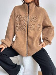 SHEIN Unity Letter Embroidery Drop Shoulder Teddy Jacket - Apricot - View 1