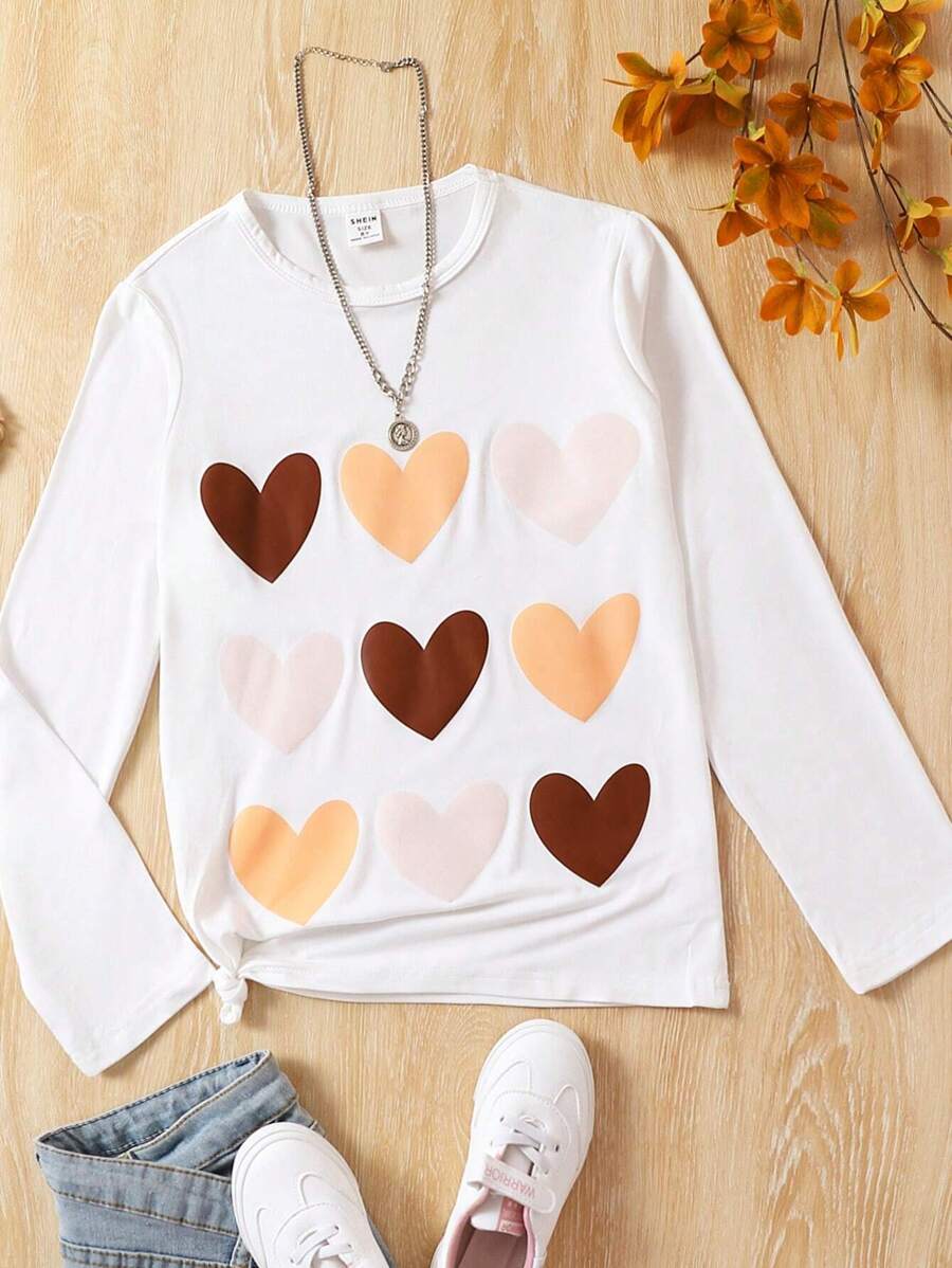 Tween Girl Heart Print Tee - White - View 1
