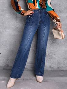 SHEIN LUNE High Waist Straight Leg Jeans - Blue - View 4