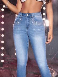 Rhinestone Detail Skinny Jeans - Medium Wash - View 6