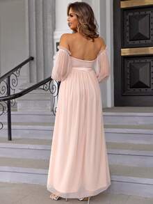 Joyfunear 孕妇粉色露肩网眼撞色长袍优雅连衣裙，适合派对