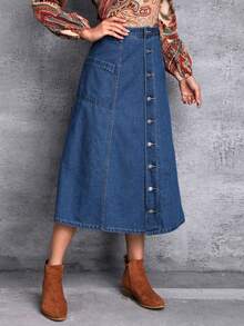 SHEIN LUNE 高腰口袋貼布前紐扣牛仔半身裙 - 藍色 - 查看 3