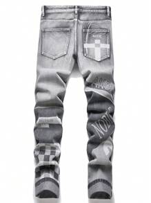 Men Letter Graphic Ripped Jeans - Light Grey - View 2