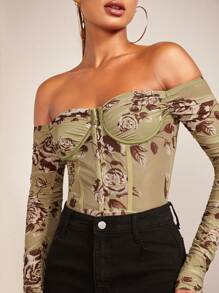 SHEIN BAE Body con estampado floral de hombros descubiertos bustier de malla - Multicolor - Ver 5