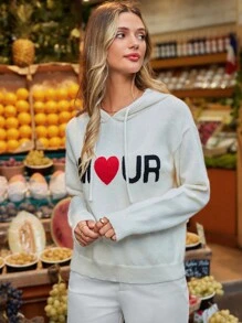 SHEIN Frenchy Hooded Sweater, Heart Sweater, Knitted Sweater, Valentine's Day Sweater, Women's Basic Tops, Spring Clothes, Going Out Clothes, White, Long Sleeve Tops Winter Thanks Giving Casual - Apricot - View 5