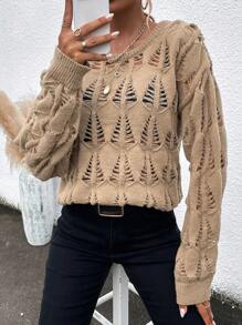 SHEIN LUNE 素色落肩袖套頭毛衣 - 卡其色 - 查看 4