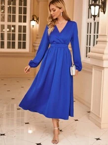 SHEIN Unity Surplice cổ Tay áo lồng đèn Đầm - Màu xanh lam - Xem 6