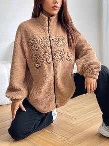 SHEIN Unity Letter Embroidery Drop Shoulder Teddy Jacket - Apricot - View 6