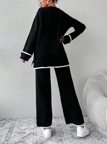 SHEIN Cottnline 2pcs Women Contrast Trim Long Sleeve Loose Knit Sweater Set - Black - View 2