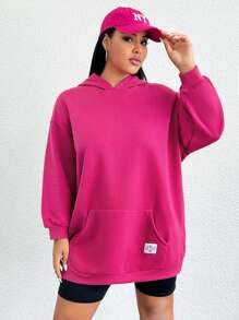 SHEIN EZwear Plus Size Letter Patched Kangaroo Pocket Drop Shoulder Sweatshirt - Hot Pink - View 4