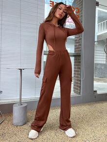 SHEIN Unity Solid Drawstring Hooded Bodysuit & Flap Pocket Side Pants - Hot Pink - View 6
