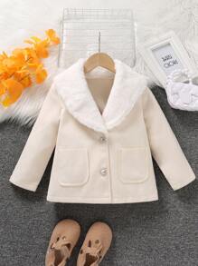 SHEIN 女小童羊絨領口雙口袋單排釦花呢外套