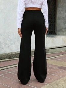 EURMUSE Solid Flare Wide Leg Knit Pants - Black - View 2