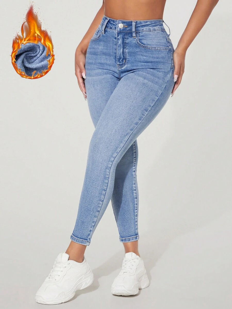 SHEIN Essnce Brushed Fabric Thermal High Waist Skinny Jeans Thickened Denim - Blue - View 1