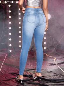 Rhinestone Detail Skinny Jeans - Medium Wash - View 2