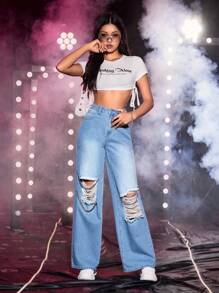 Ripped Wide Leg Jeans - Medium Wash - View 6